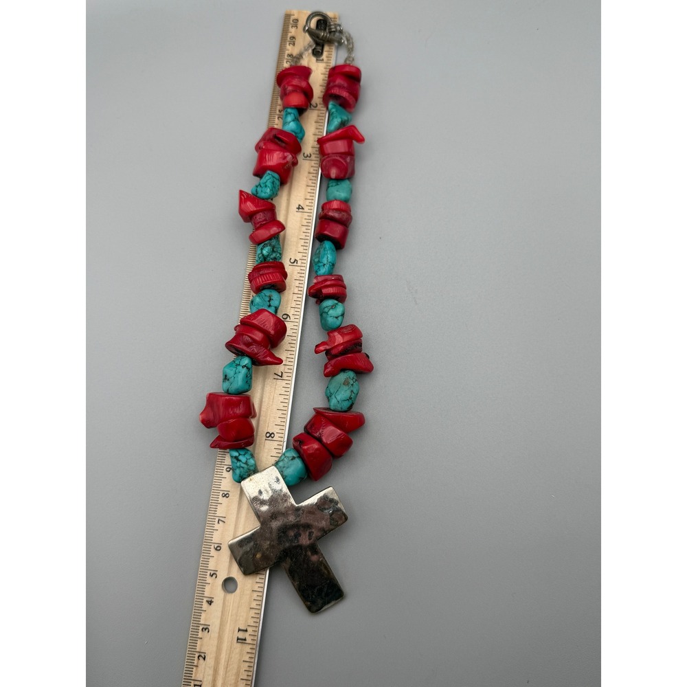 Vntg Red Coral Turquoise Nugget Necklace Large Cross Pendant Southwestern #1155 - Picture 5 of 7